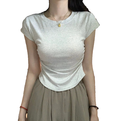 夏季圆领修身紧身正肩t恤女短袖辣妹高腰短款褶皱不规则收腰上衣