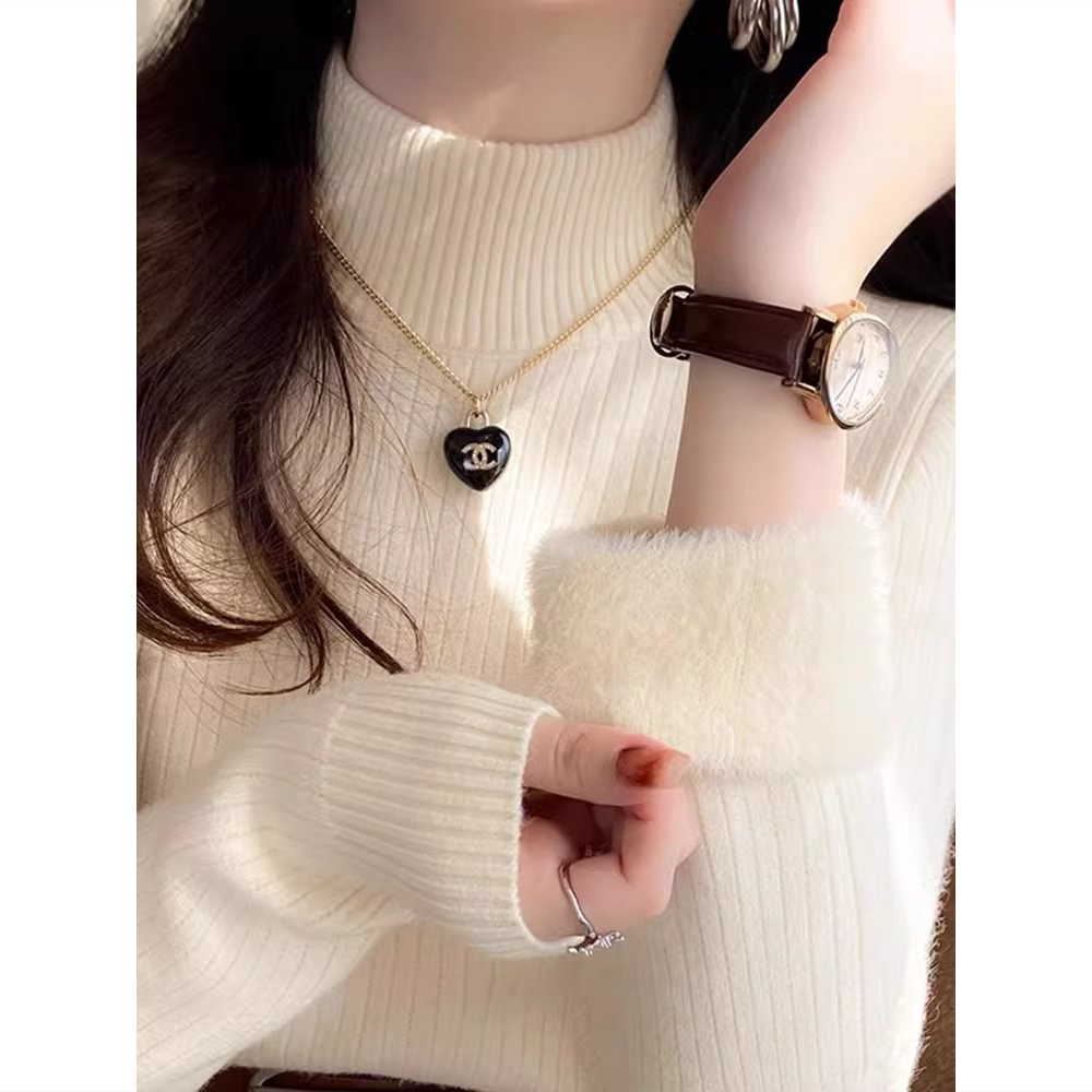 秋冬半高领修身紧身长袖打底针织衫上衣加厚一体绒保暖内搭毛衣女