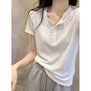 松弛慵懒简约百搭宽松正肩白色短袖t恤女夏季薄款微透亨利领上衣