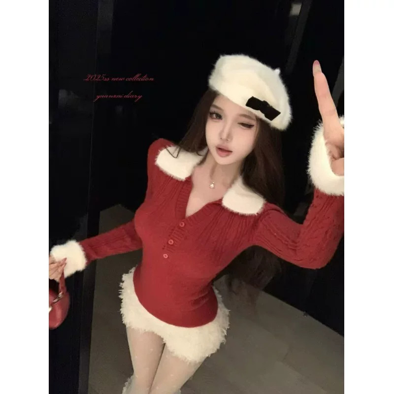 毛毛翻领麻花针织衫女2026新款秋冬内搭打底红色毛衣修身短款上衣