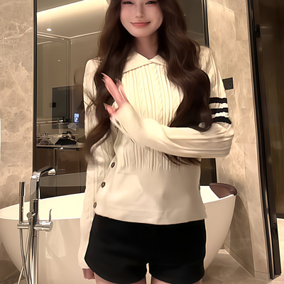 白色翻领麻花长袖针织衫女秋冬设计感高级感毛衣修身显瘦百搭上衣