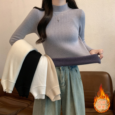 秋冬半高领修身显瘦长袖打底针织衫上衣加厚一体绒保暖毛衣女内搭