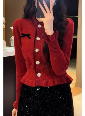 秋冬气质甜美红色蝴蝶结修身长袖针织开衫上衣喇叭袖毛衣女短外套