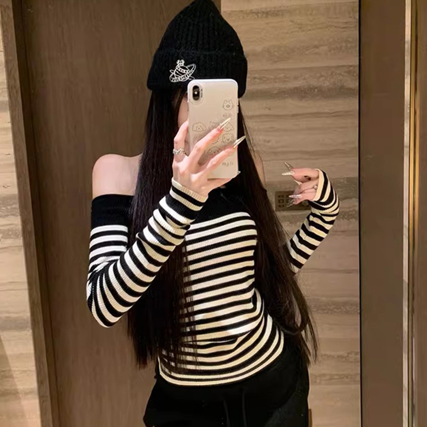 一字肩条纹针织衫女秋冬内搭修身显瘦打底衫纯欲辣妹露肩撞色毛衣