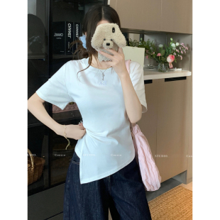 褶皱收腰不规则半袖 正肩白色纯棉短袖 短款 t恤女夏季 上衣 辣妹修身