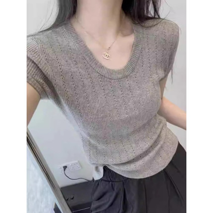u领冰丝短袖针织衫女夏季薄款外穿弹力修身紧身麻花镂空透气上衣