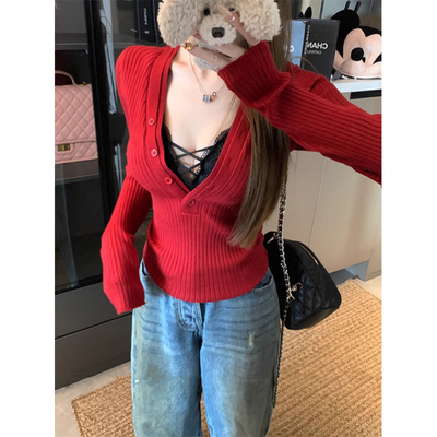辣妹深v领性感上衣女早秋修身显瘦设计感打底内搭长袖针织衫毛衣