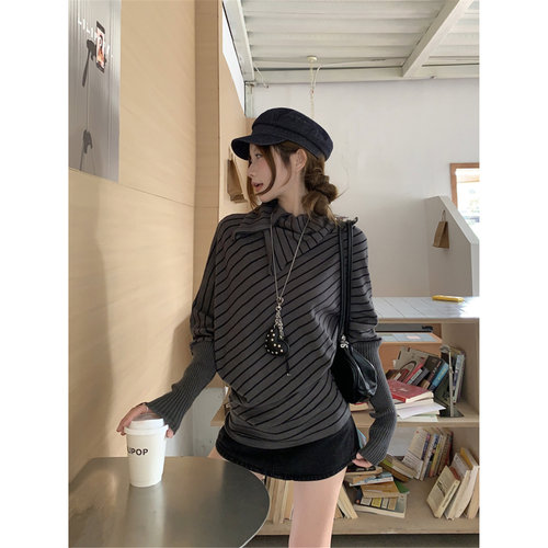 秋冬慵懒宽松外穿条纹长袖针织衫上衣高级设计感不规则毛衣女内搭