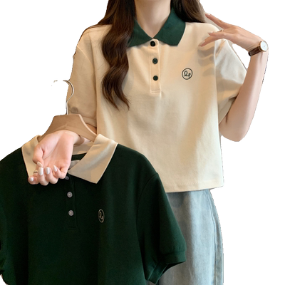 正肩t恤女短袖夏季polo领宽松显瘦短款小个子设计感小众别致上衣
