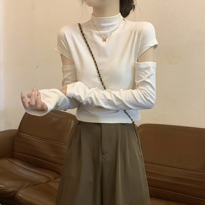 春秋半高领内搭t恤女长袖设计感小众辣妹修身短款纯棉打底衫上衣