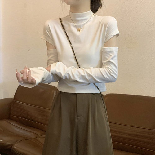 春秋半高领内搭t恤女长袖设计感小众辣妹修身短款纯棉打底衫上衣