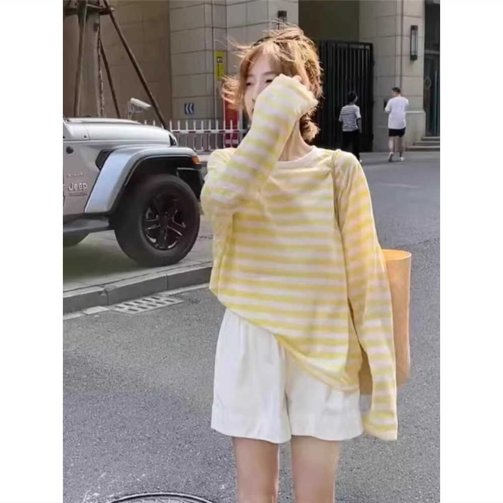 撞色条纹薄纱防晒衣罩衫女夏季休闲宽松薄款冰丝黄色长袖t恤上衣