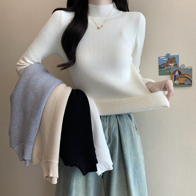 加厚加绒保暖白色毛衣女打底衫秋冬半高领内搭修身长袖针织衫上衣