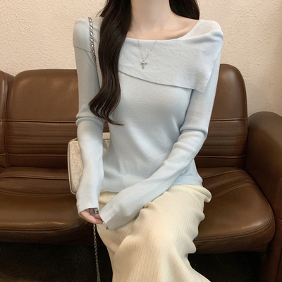 春秋冬薄款一字肩长袖针织衫上衣洋气可外穿斜肩毛衣女内搭打底衫