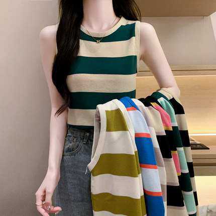 冰丝针织背心女外穿夏季撞色条纹法式别致设计感小众短款吊带上衣