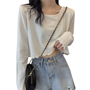 春秋薄款时尚洋气百搭宽松t恤女长袖秋冬短款内搭打底衫德绒上衣