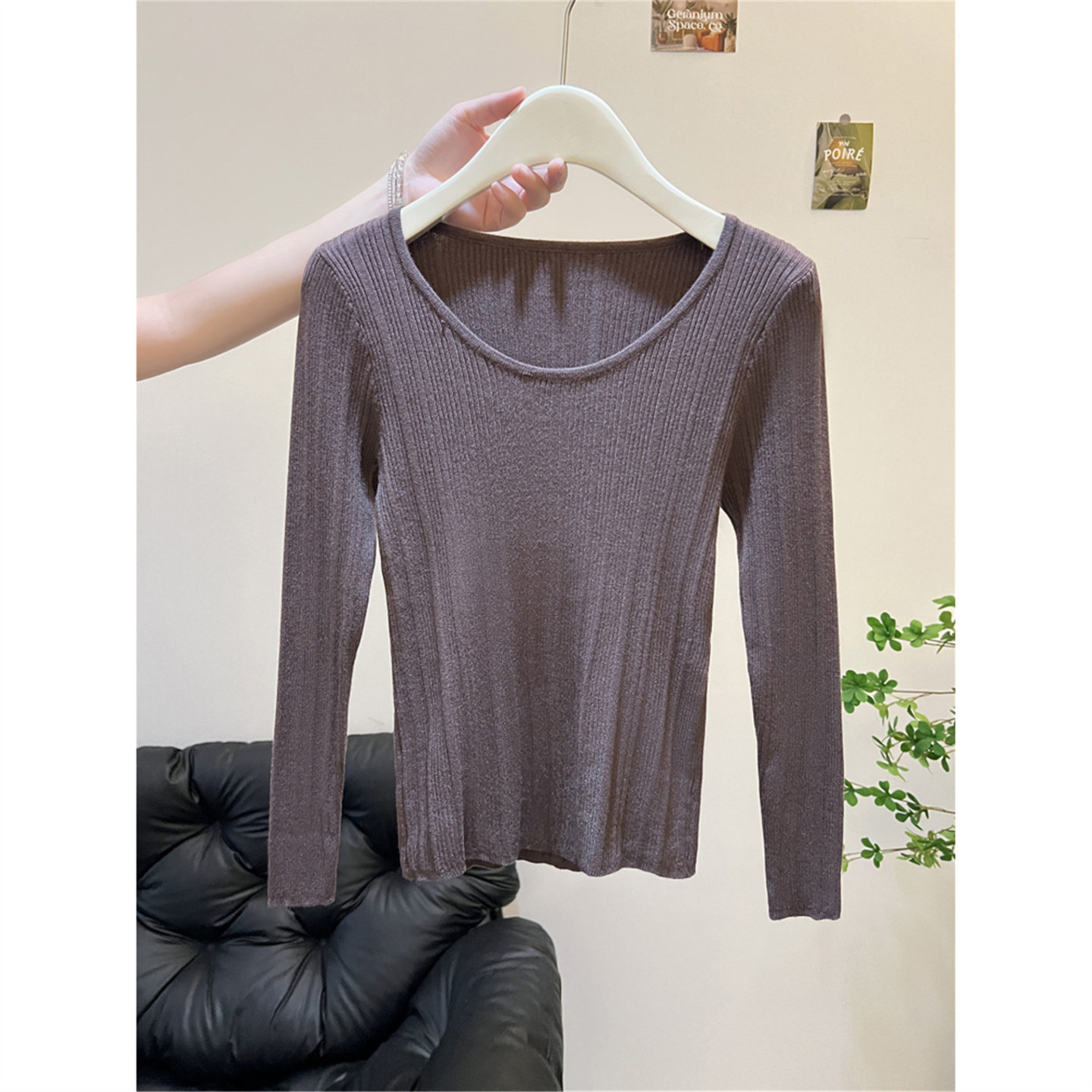 韩系高级感外穿内搭咖色毛衣女春秋冬圆领紧身长袖打底针织衫上衣