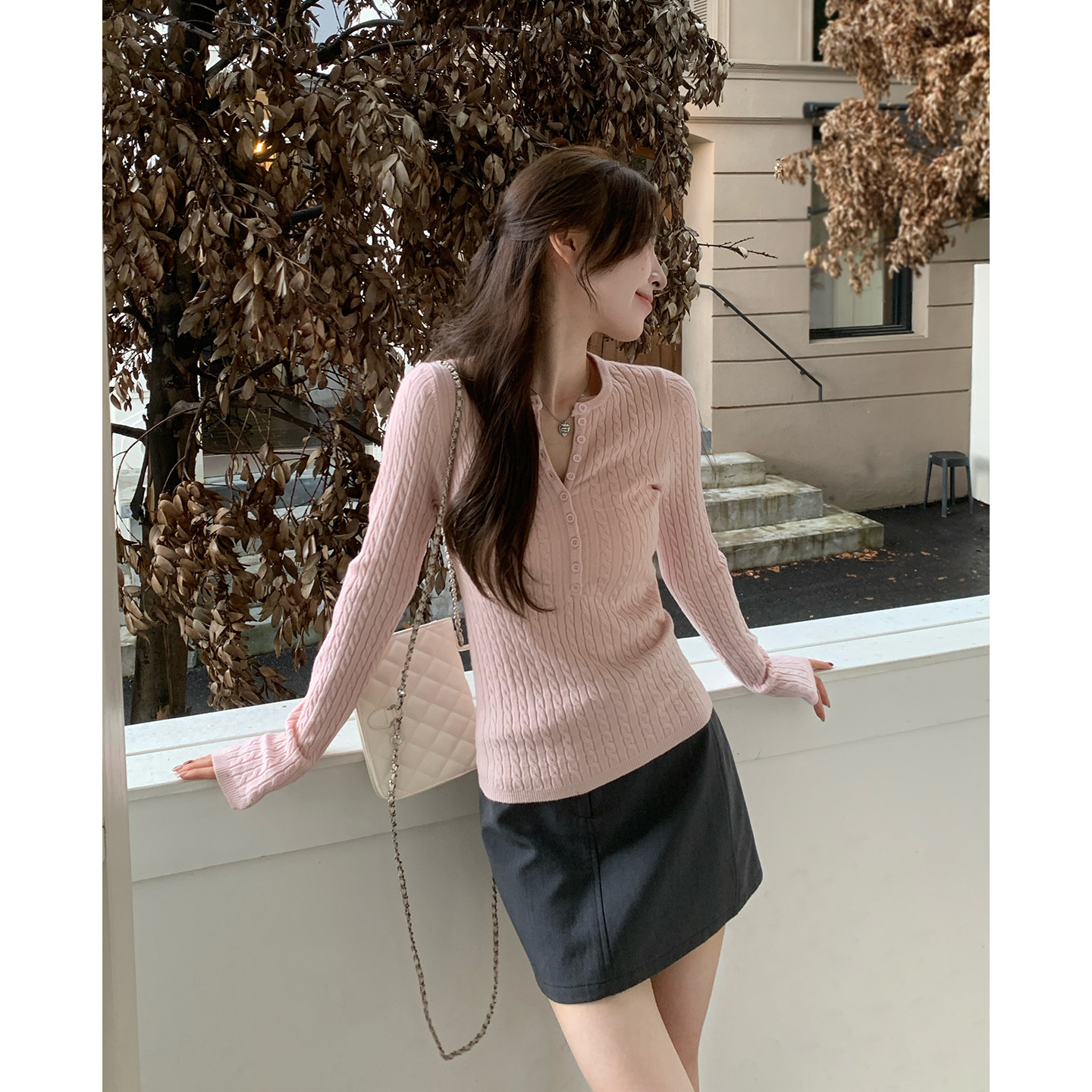 韩系粉色半开领麻花长袖针织打底衫女秋冬内搭修身超好看毛衣上衣