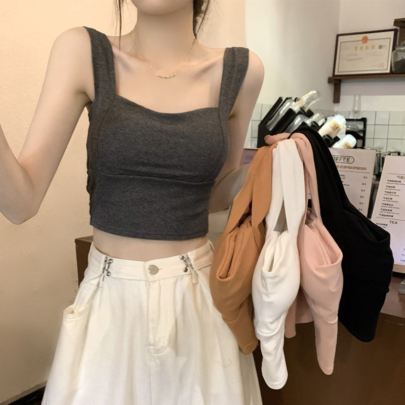 灰色小吊带背心女夏外穿新款内搭带胸垫美背文胸一体打底瑜伽上衣