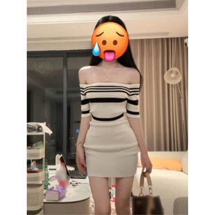 一字肩撞色连衣裙女夏季纯欲风条纹显瘦修身裙子辣妹收腰包臀短裙