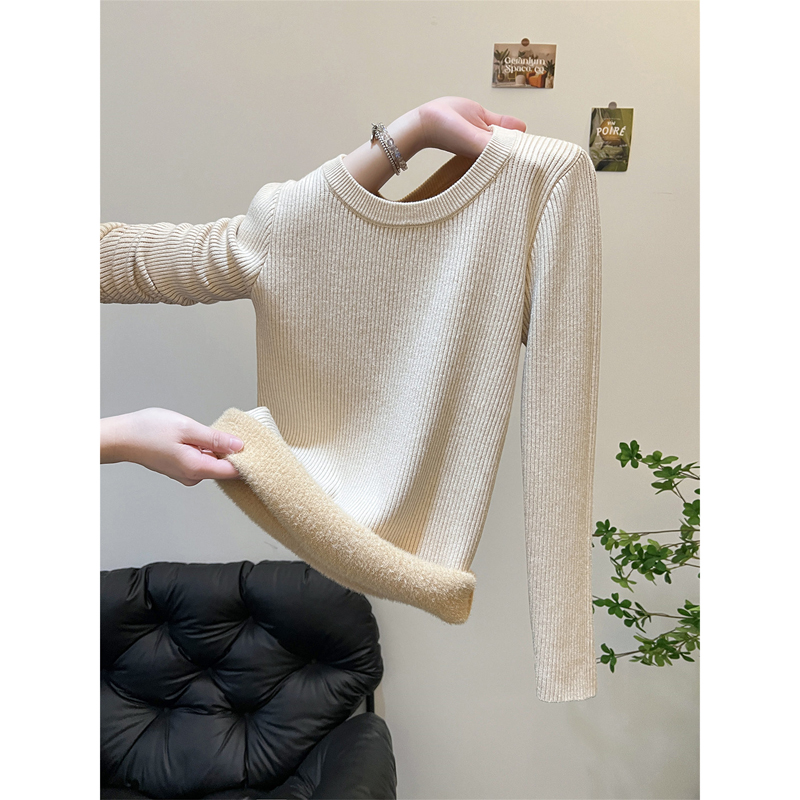 秋冬季圆领修身紧身长袖打底针织衫上衣加厚一体绒保暖毛衣女内搭