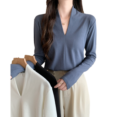 春秋v领t恤女长袖德绒打底衫上衣