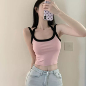 短款 粉色背心女外穿夏季 撞色修身 辣妹打底内搭带胸垫美背吊带上衣