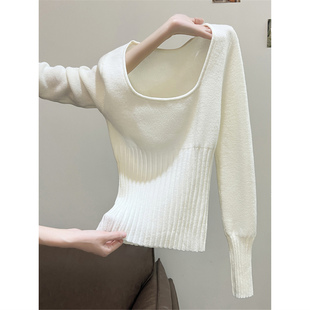 秋冬方领修身紧身长袖打底针织衫上衣辣妹收腰短款白色内搭毛衣女