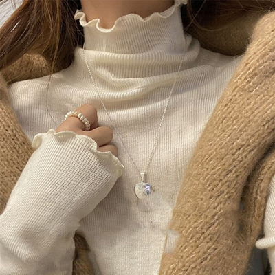 堆堆领长袖打底针织衫木耳边上衣