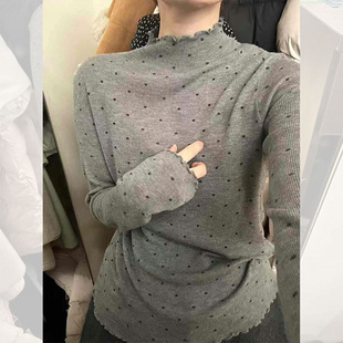 灰色波点修身长袖针织打底衫上衣秋冬2026款半高领内搭加绒毛衣女