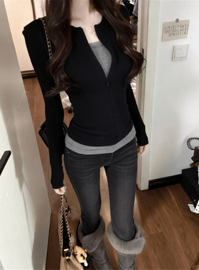 韩系假两件撞色拼接长袖打底衫女内搭春秋辣妹设计感修身黑色上衣