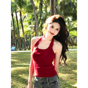 辣妹挂脖上衣 独特绝美红色小吊带内搭女夏外穿遮副乳针织背心法式