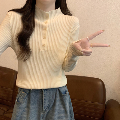 秋冬内搭半高领修身显瘦长袖针织衫上衣高级感纽扣毛衣女士打底衫