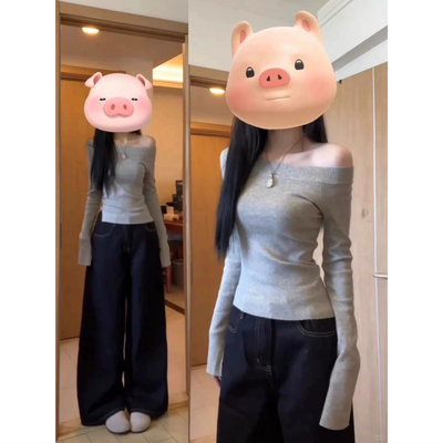 灰色毛衣女秋冬内搭一字领修身短款长袖打底针织衫设计感斜肩上衣