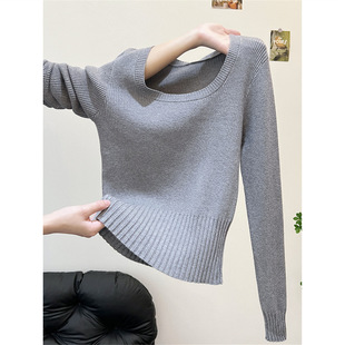 秋冬修身紧身长袖打底针织衫上衣法式方领高级感可外穿内搭毛衣女