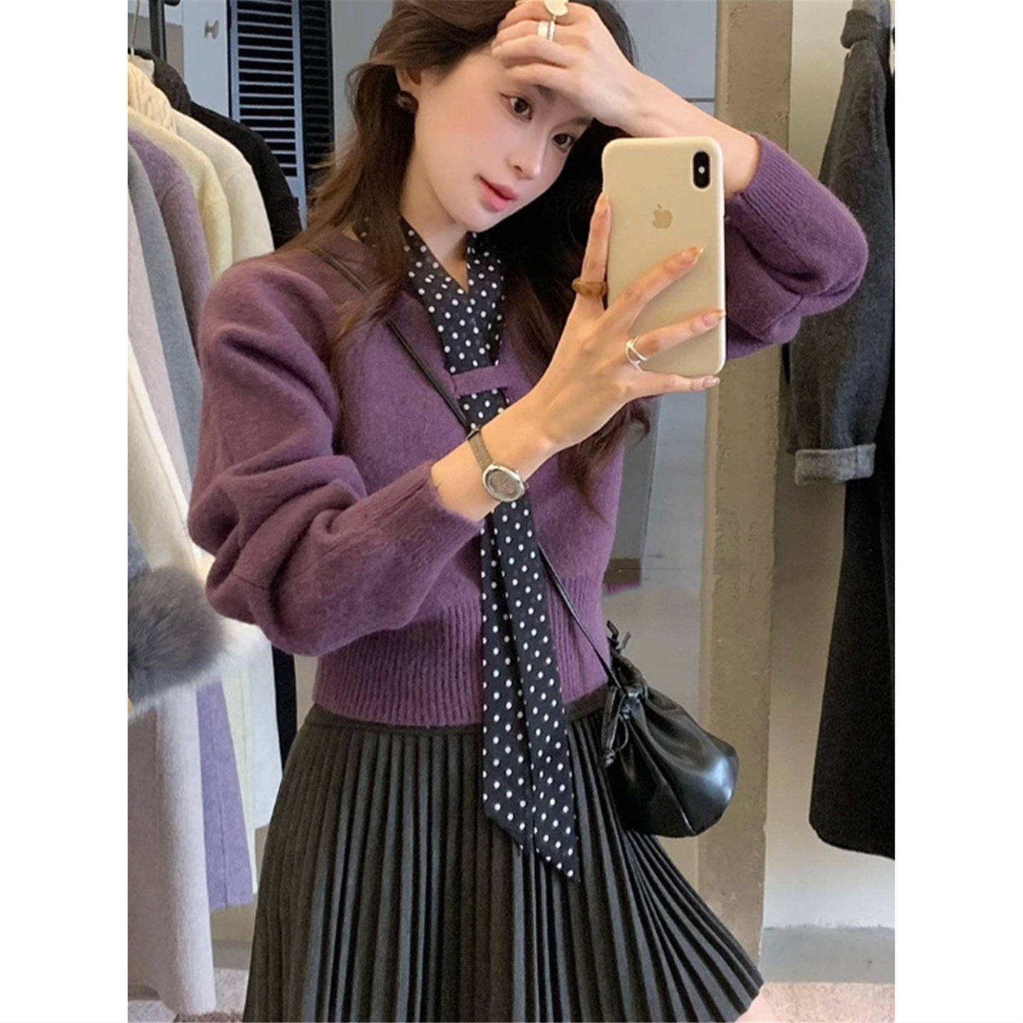 2025新款秋冬紫色波点飘带毛衣女慵懒风软糯长袖打底针织衫短上衣