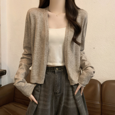 春秋冬薄款气质百搭修身长袖针织开衫上衣小个子外搭毛衣短外套女