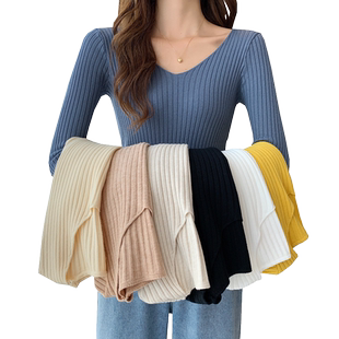 2026秋冬新款百搭修身v领长袖打底针织衫春秋薄款低领内搭毛衣女