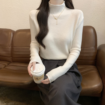 早秋薄款韩系氛围感半高领长袖打底针织衫上衣秋冬白色毛衣女内搭