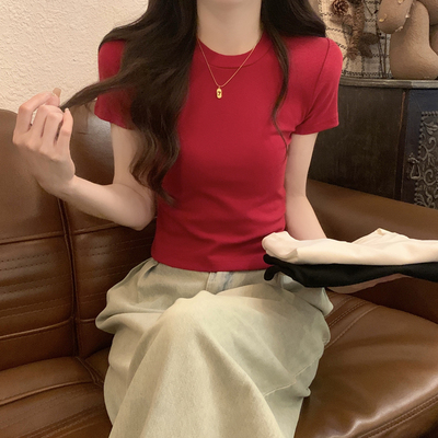 正肩红色t恤女短袖夏季美式复古辣妹修身短款独特绝美漂亮小上衣