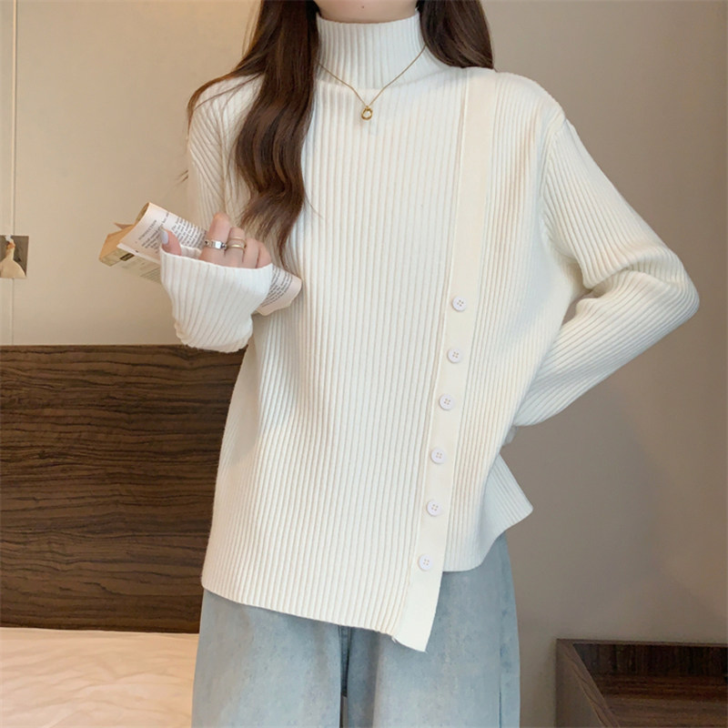 秋冬季慵懒宽松外穿长袖打底针织衫上衣设计感不规则纽扣毛衣女士