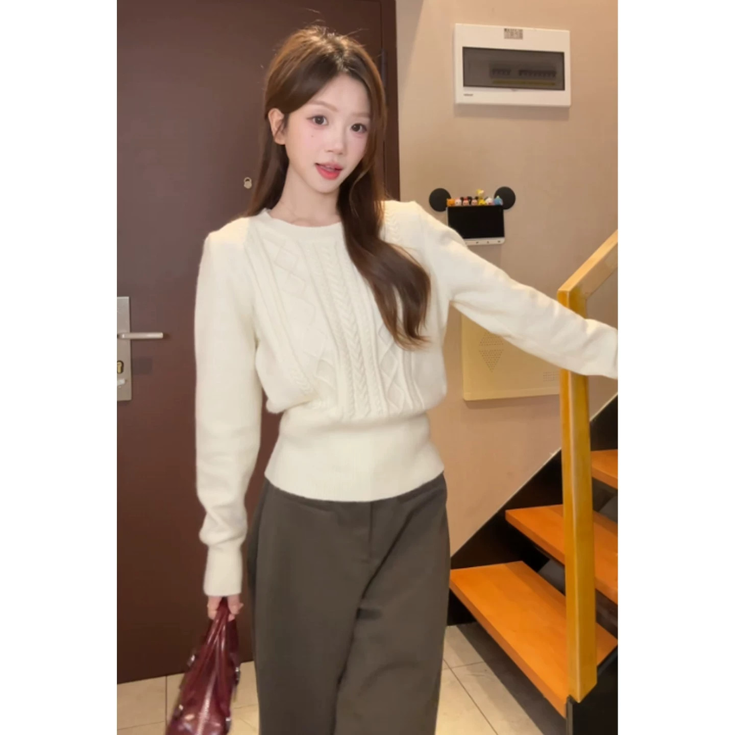 长袖针织衫女春秋冬韩系圆领麻花打底衫内搭上衣修身收腰短款毛衣