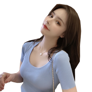 春夏季2026年新款圆领修身紧身薄款冰丝打底针织衫女短袖t恤上衣