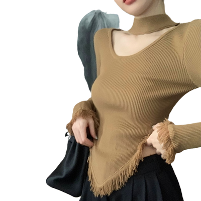 高级设计感小众挂脖半高领毛衣女春秋修身短款内搭长袖打底针织衫