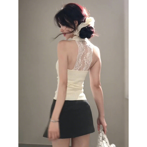 蕾丝拼接性感美背挂脖吊带背心女夏季修身内搭纯欲风辣妹外穿上衣