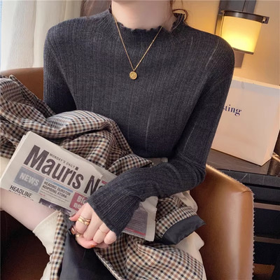 韩系木耳边高级感半高领打底衫女长袖秋冬修身显瘦长袖针织衫毛衣