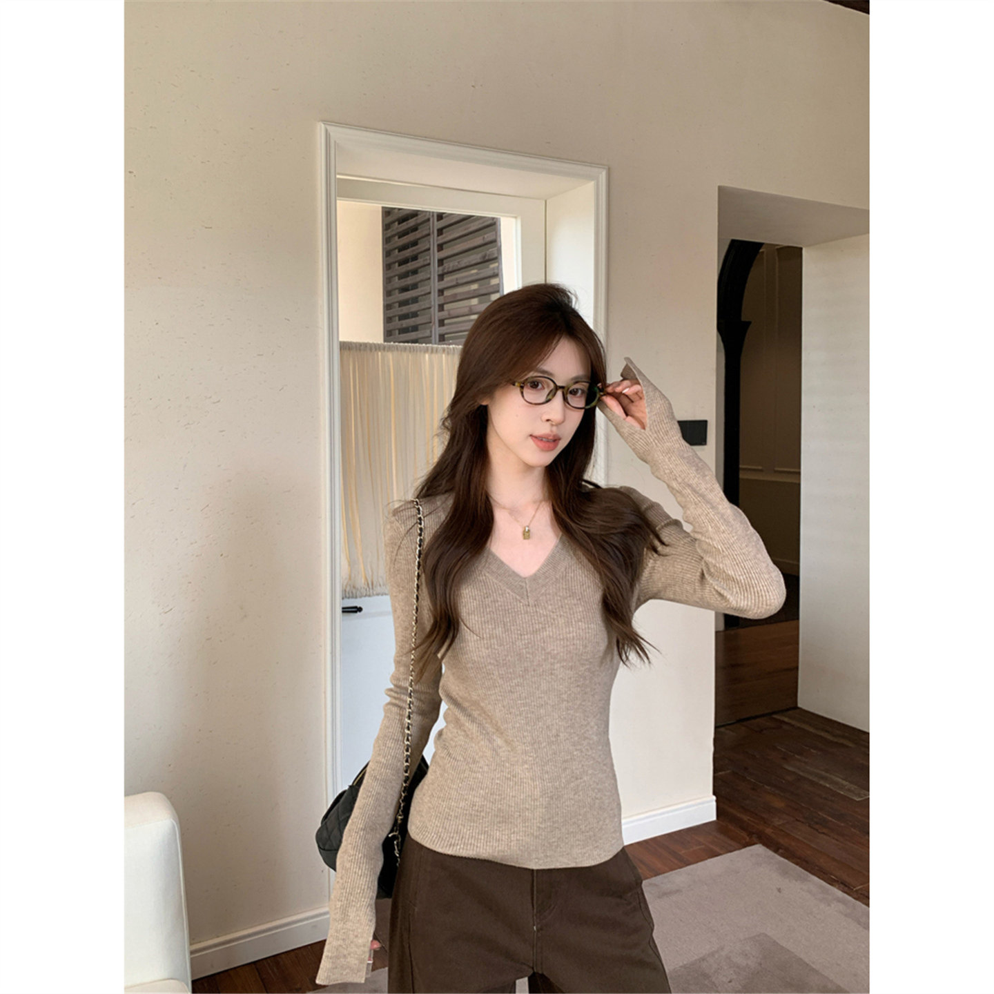 高级感v领针织衫女秋冬季基础款修身显瘦长袖毛衣打底衫内搭上衣