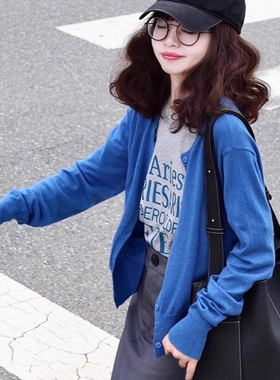 蓝色圆领长袖针织开衫毛衣外套女春秋季薄款百搭宽松显瘦外搭上衣