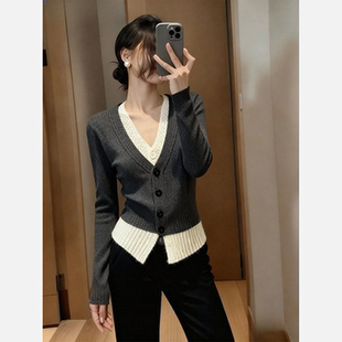 灰色假两件v领针织开衫女春秋冬新款百搭修身显瘦外搭小个子毛衣
