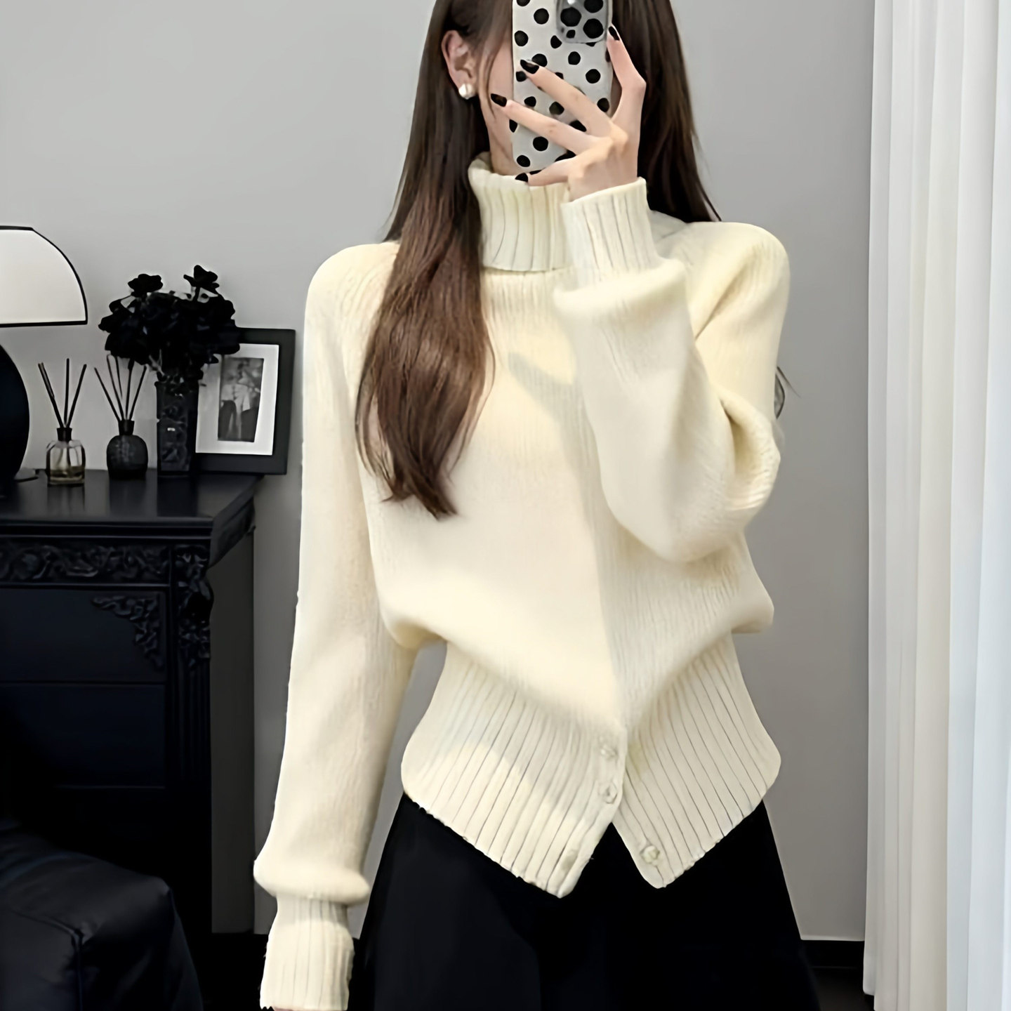 韩系慵懒老钱风高领针织衫女秋冬季白色毛衣高级感百搭内搭厚上衣,女装/女士精品,毛针织衫,淘宝优惠券,粉丝福利购,淘宝优惠卷
